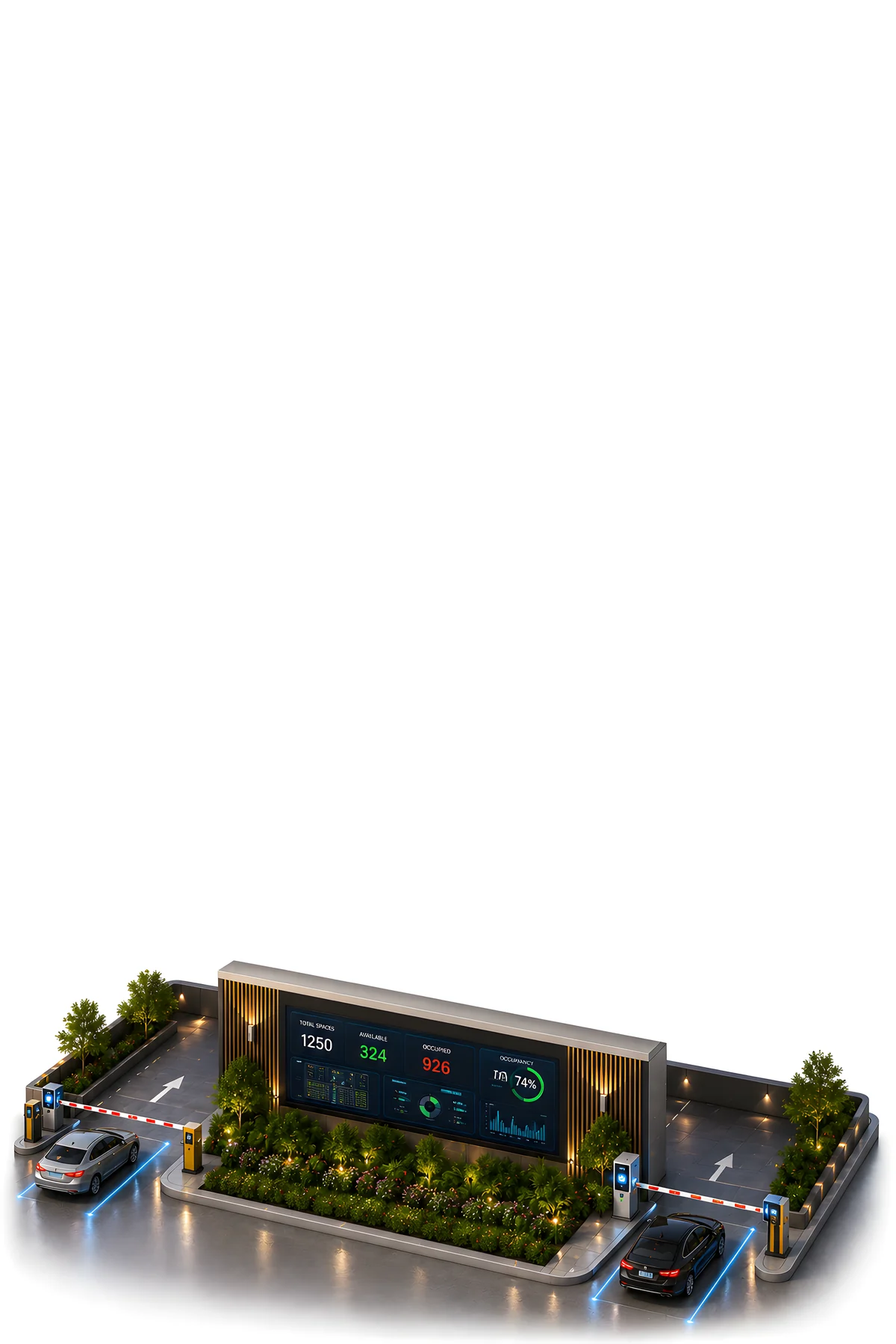 Ground floor: entry lanes, boom barriers, ticket kiosks and live occupancy display