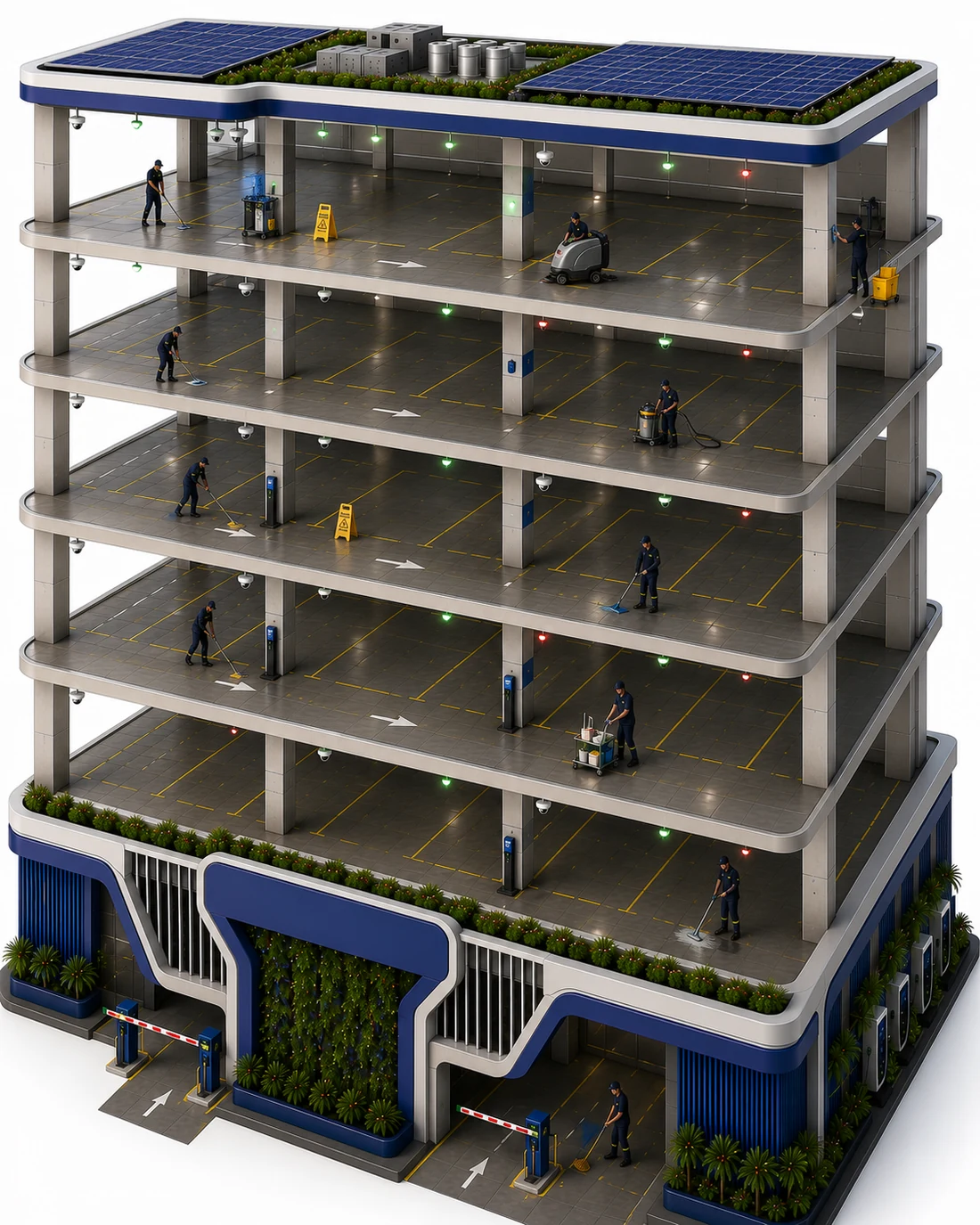 Cutaway of a Prince Royal Parking tower with housekeeping crews scrubbing, mopping and machine-cleaning every deck simultaneously