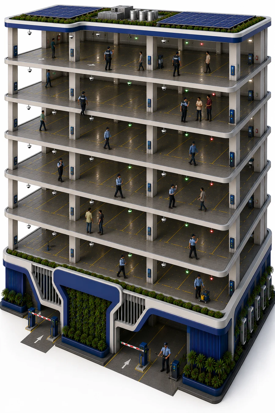 Cutaway of a Prince Royal Parking tower showing uniformed security staff patrolling every deck, dome cameras on each level and manned entry barriers